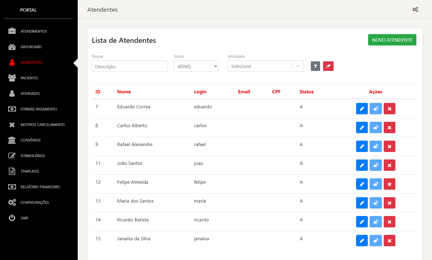 Lista de Atendentes